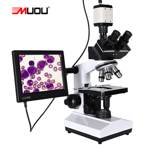 Microscopio trinocular biológico profesional HD, zoom 2500X + USB HDMI VGA CVBS, cámara CCD digital electrónica + LCD de 8 pulgadas ► Foto 1/6