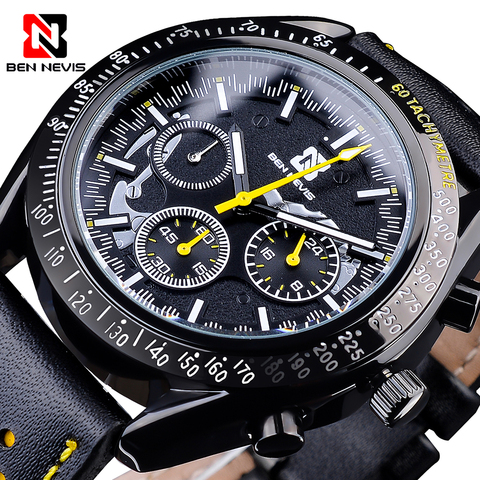 Negro deporte hombres reloj de cuarzo 3 Sub Dial BEN NEVIS cuero de moda reloj de pulsera fecha reloj de pulsera de Hombre Relojes para Hombre ► Foto 1/6