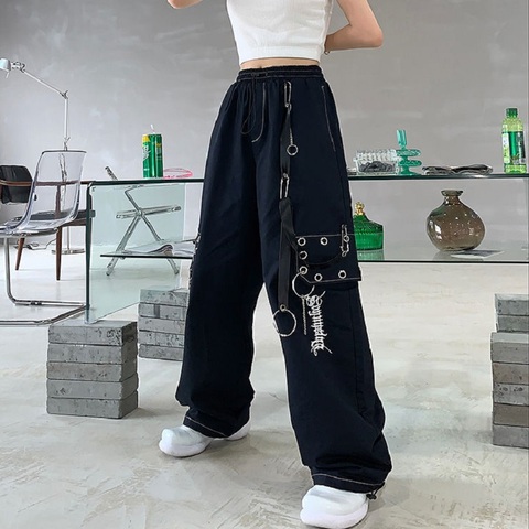 QWEEK-pantalones Cargo negros para mujer, pantalón Harajuku gótico, de pierna ancha con cadena, estilo hiphop gótico, estilo Hippie, holgados ► Foto 1/6