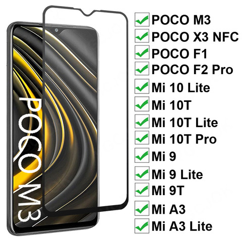 Protector de cristal templado 9D para Xiaomi POCO M3 X3 NFC F1 F2 Pro, Protector de pantalla para Mi 9 10 Lite A3 9T 10T Pro, película de cobertura completa ► Foto 1/6