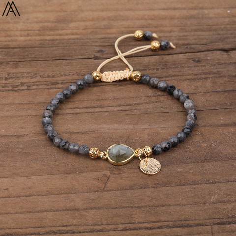 Cuentas de gota de agua de piedra Natural para mujer, brazaletes hechos a mano de 4mm, cuentas de piedra labradorita negra, pulsera trenzada con nudo, joyería Bohemia ► Foto 1/6