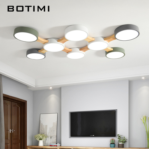 BOTIMI-Luces led de techo con pantalla redonda, lámpara de madera ligera de 220V con borde de metal para sala de estar montada en superficie moderna o dormitorio ► Foto 1/6