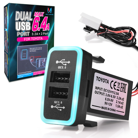 MICTUNING-cargador rápido Universal para coche, cargador de coche con puerto USB Dual, 6,4a, 12-24V, con luz LED azul y roja, Qualcomm 3,0, para Toyota ► Foto 1/6