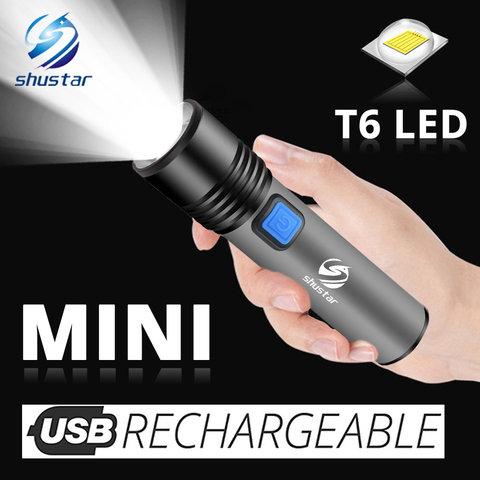 Linterna LED recargable por USB con T6 LED incorporado, lámpara LED recargable por USB con T6 LED incorporado, batería de litio de 1200mAh, perfecto para acampar, resistente al agua con enfoque ► Foto 1/6