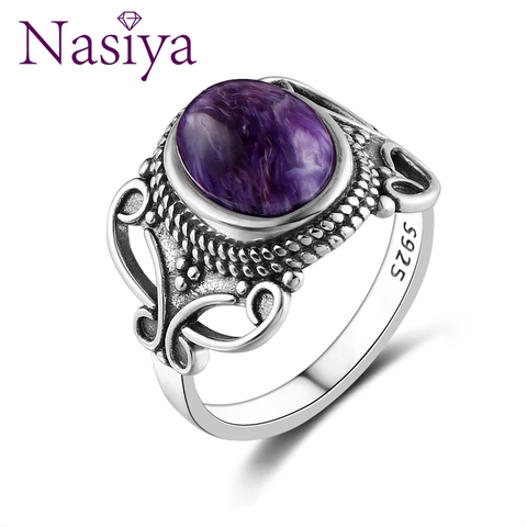 Nasiya-anillos de charoita púrpura ovalados para mujer, estilo bohemio, 8x10MM, anillo de plata 2022, joyería fina para regalo de fiesta de aniversario, 925 ► Foto 1/6