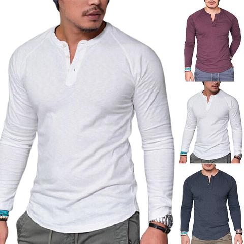 Camiseta informal de Color liso con cuello redondo y botones de manga larga de talla grande para hombre ► Foto 1/6