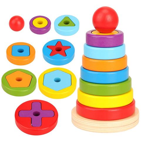 Bloques de construcción geométricos para bebés y niños, juego de apilamiento, rompecabezas interactivo, anillo de Color arcoíris de madera ► Foto 1/6