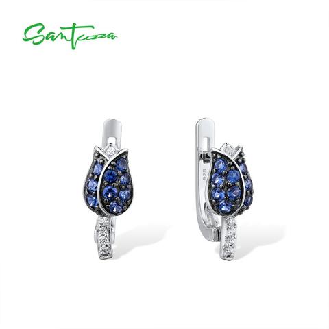 SANTUZZA pendientes de plata para mujer 925 pendientes tipo botón de plata fina de plata tulipán azul Cubic Zirconia joyería de moda brincos ► Foto 1/6