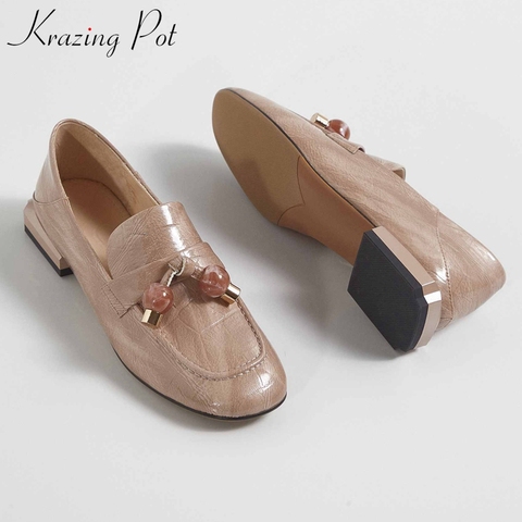 Krazing pot-zapatos de tacón bajo para mujer, mocasines de piel auténtica con colgante de metal, con punta redonda, sin cordones, cómodos, para otoño ► Foto 1/6