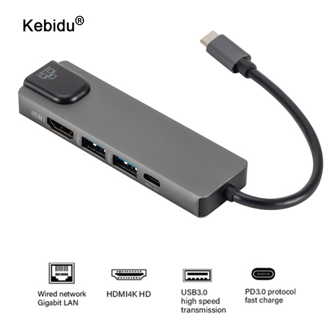 4K USB C a Gigabit Ethernet Rj45 Lan 5 en 1 Hub tipo C con USB adaptador para Mac libro Pro Thunderbolt 3 USB-C cargador de la policía ► Foto 1/6