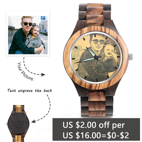 Reloj personalizado con foto de madera grabada para hombre, reloj de pulsera de madera de 45mm, pareja creativa para familias, regalos de navidad ► Foto 1/6