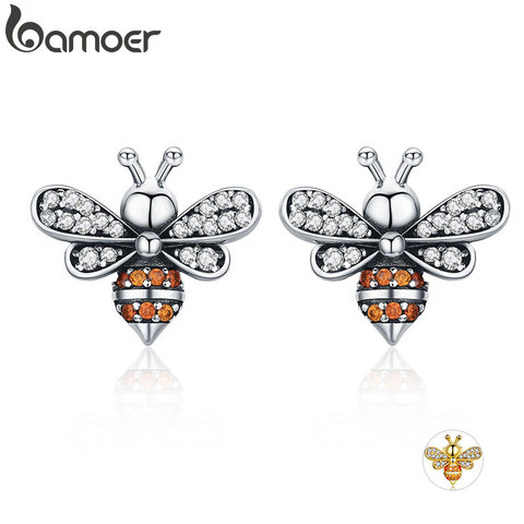 Pendientes de tuerca BAMOER de alta calidad 100% Plata de Ley 925 con diseño de abeja, CZ, exquisitos, joyería de plata SCE344 para mujer ► Foto 1/6