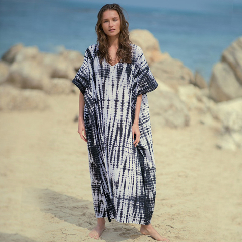 Estampado bohemio de verano de las mujeres de playa cubierta de Kaftan-ups playa vestido de algodón vestido de nadar ropa cubierta bata de plage # Q969 ► Foto 1/6