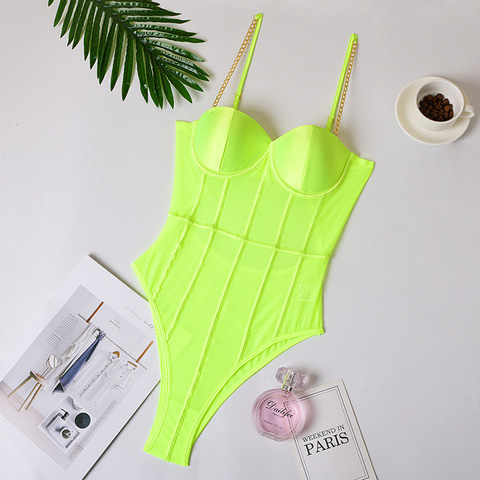 Bodi transparente de malla verde neón para mujer, petos sexys de rayas con espalda descubierta sin mangas, monos de tirantes finos para fiesta, novedad ► Foto 1/6