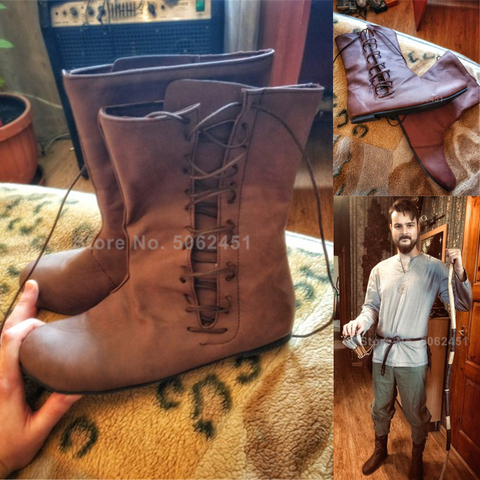 Botas medievales Retro Knight Prince de cuero para hombres y mujeres, zapatos góticos de vendaje de elfo, Tops de manga larga de lino Saxon, camisas, disfraces de Cosplay ► Foto 1/6