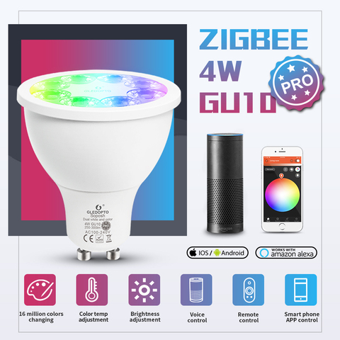 GLEDOPTO-foco inteligente ZigBee 3,0, 4W, GU10, Bombilla Pro RGBCCT, ángulo de haz de 25 grados, funciona con la aplicación Alexa Echo Plus, voz, RF ► Foto 1/6