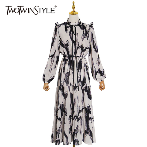 TWOTWINSTYLE elegante vestido de colores éxito para las mujeres O cuello linterna manga alta cintura Vintage Vestidos Mujer moda Ropa nueva 2022 ► Foto 1/6