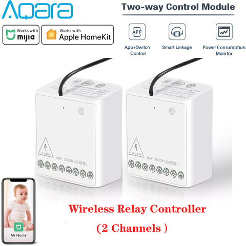 Aqara-Módulo de Control de vía dual controlador de relé Zigbee inalámbrico, 2 canales, Control de luz inteligente, funciona con la aplicación Mihome ► Foto 1/6