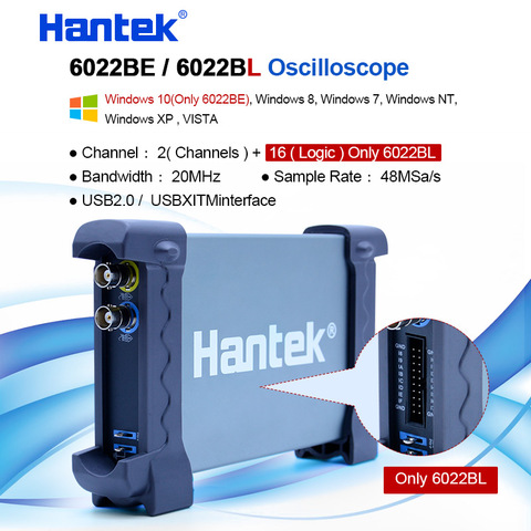 Hantek-osciloscopio USB de 2 canales, 20MHz, 48MSa/s, osciloscopio digital de pc 6022BE 6022BL + 16 canales, analizador lógico 50/80/100/200 MHZ ► Foto 1/6