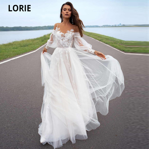 LORIE-vestido de novia de manga larga para playa, traje de novia de cola de Boda de Princesa, a medida, bohemio, de talla grande, 2022 ► Foto 1/5