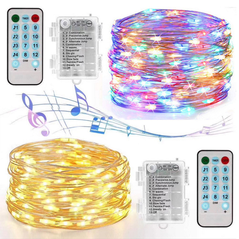 Guirnaldas de luces de Navidad con Control de sonido y música, con batería/USB, 5M, 500LED/10M, 100LED alambre de plata, con mando a distancia ► Foto 1/6