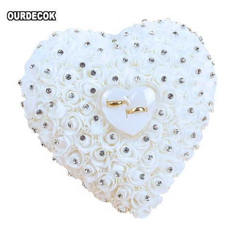 Almohada de anillo colgante, recuerdo de boda con caja transparente, diseño de corazón, diamantes de imitación y decoración de perlas, decoración de anillo de boda ► Foto 1/6