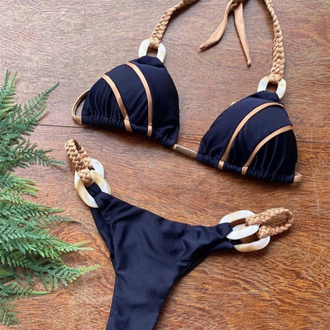 Bañador triangular de tejido para mujer, bikini separado, traje de baño con anillo de dos piezas, traje de baño sexy con cuello Halter, micro bañador 2022 ► Foto 1/6