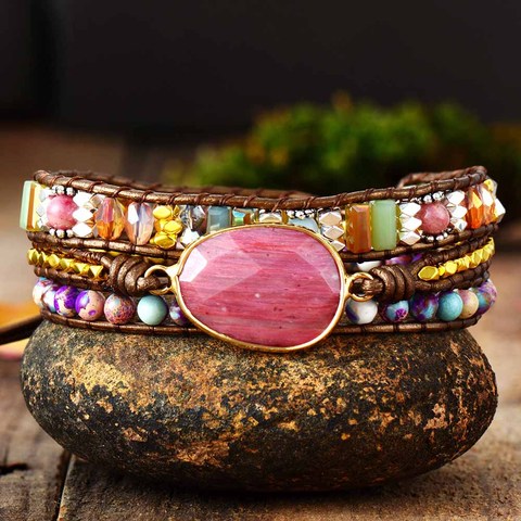 Pulsera de cuero con piedras naturales multicolor, brazalete de cristal entrelazado, regalo artístico ► Foto 1/6