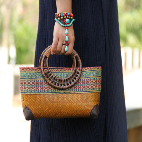 Bolso tejido de bambú para mujer, mini bolsa tejida Retro japonesa hecha a mano para almacenamiento literario juvenil, bolso de ratán tejido ► Foto 1/6