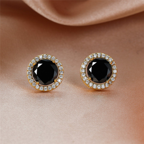 Pendientes de tuerca de piedra negra redonda para mujer, aretes de lujo Vintage de moda de oro/Negro/oro rosa/plata para mujer, joyería de boda ► Foto 1/6