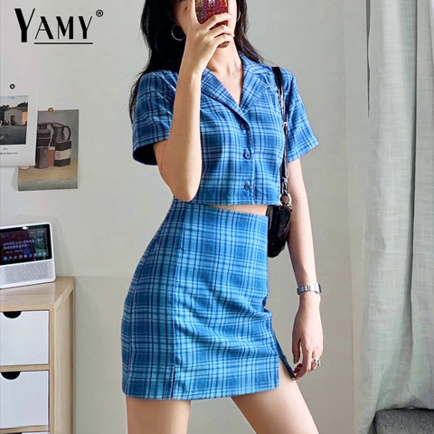 Tops de verano para mujer, blusa corta azul vintage, camisa con botones a cuadros, coreana, 2022 ► Foto 1/6