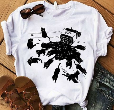 Camiseta con estampado de gato negro y tinta unisex, remera con estampado grunge 100% de algodón, camiseta de estética ► Foto 1/6
