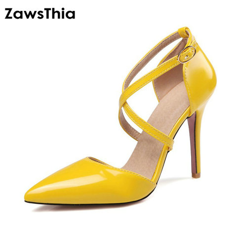 ZawsThia cruzado Correa zapatos de las mujeres, hebilla de la correa Sexy tacones altos de dos piezas talones señaló Toe amarillo zapatos de las señoras 33-47 ► Foto 1/6
