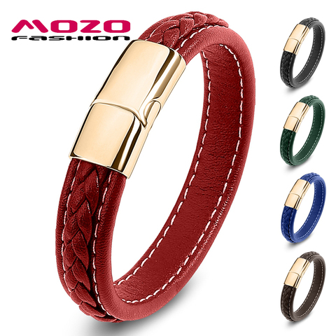 MOZO moda Retro hombre joyería trenzada pulsera de cuero mujer pulsera hecha a mano moda Acero inoxidable broche pulsera roja ► Foto 1/6