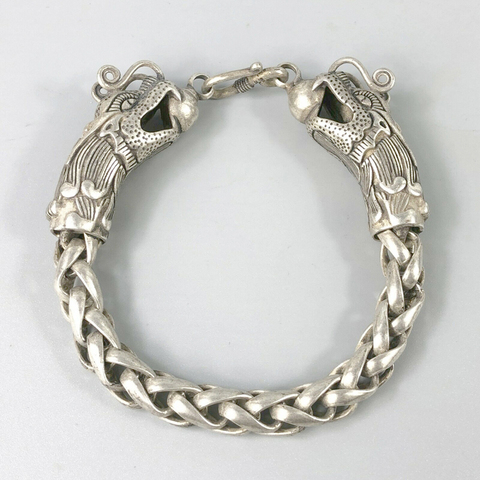 Exquisito chino raro coleccionable de plata tibetana dragón hecho a mano amuleto auspicioso pulsera estatua ► Foto 1/6