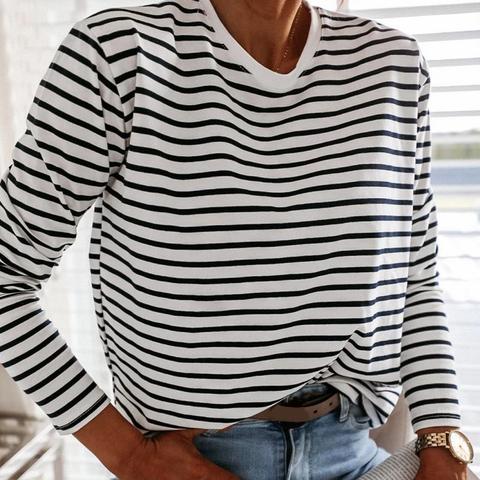 Blusa informal de manga larga a rayas para otoño, camisa a rayas blancas y negras para mujer, con cuello redondo, suave, 2022 ► Foto 1/6