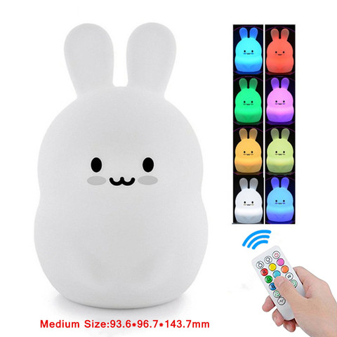 Luz LED nocturna con forma de conejo y Sensor táctil, Control remoto, 9 colores, temporizador de atenuación, recargable por USB, lámpara de conejo de silicona para niños y bebés ► Foto 1/6