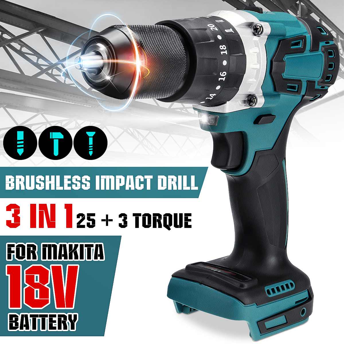 3 en 1 13mm 2 velocidad eléctrico sin escobillas taladro martillo destornillador inalámbrico 20 + 3 par taladro de impacto Herramientas para Makita batería de 18V ► Foto 1/6