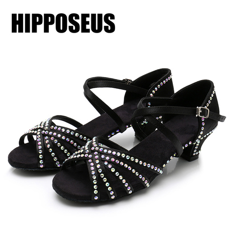 Hipposeus-zapatos de baile latino para chicas mujeres señoras, con diamantes de imitación, para salón, Tango moderno, actuación de baile, tacones de 3,5/4CM ► Foto 1/6