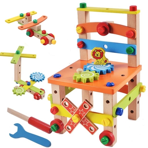 Silla de madera Montessori para bebé, juguete educativo de madera, multifunción, variedad de tuercas, herramienta para silla de combinación ► Foto 1/6
