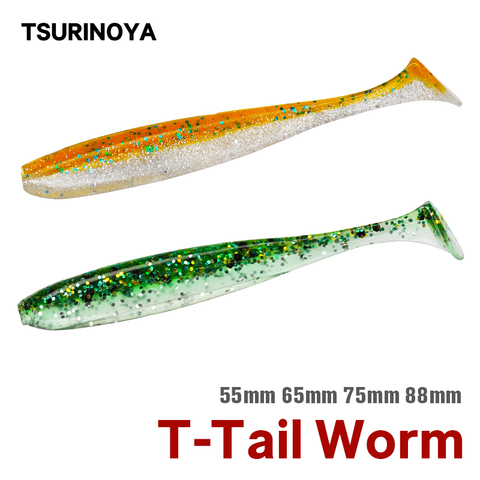 TSURINOYA-Cebo suave de pesca, 55mm, 65mm, sábalo, gusano, Wobblers, silicona de doble Color, Artificial, cola en T para lubina ► Foto 1/6