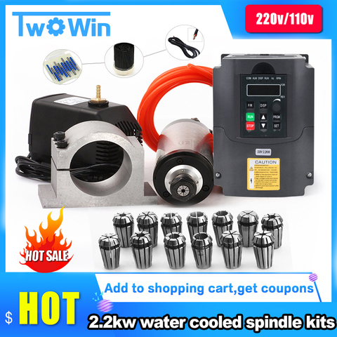 Kit de agua de husillo de 2,2 kW, Motor de husillo de fresado ER20 + VFD de 2,2 kW + abrazadera 80 + bomba de agua + Cable ER20 + 1m de 13 Uds para enrutador CNC ► Foto 1/6