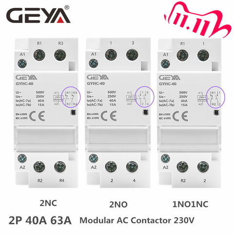 GEYA-Contactor de corriente alterna de Riel Din, 2P, 40A, 63A, 2NO, 2NC, 1NO1NC, para uso doméstico o para carga, buena calidad ► Foto 1/6