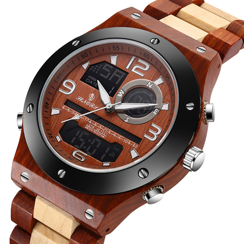 Reloj de pulsera Digital de madera para hombre, cronógrafo Masculino con pantalla de doble horario, de madera sólida Natural, con luz trasera ► Foto 1/6