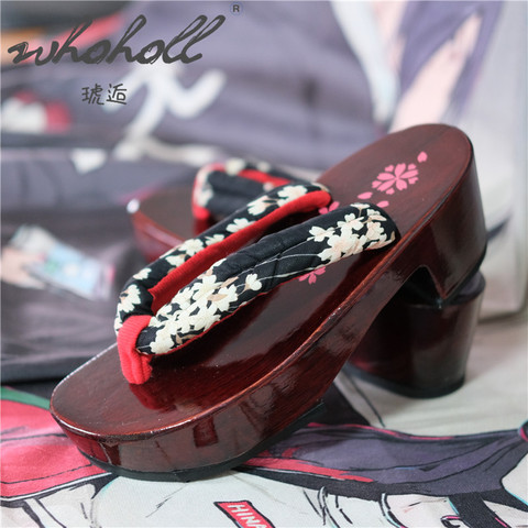 WHOHOLL Geta-zuecos japoneses para mujer, Chanclas de cuña de madera, sandalias con estampado de fondo rojo Sakura, zapatos de cosplay ► Foto 1/6