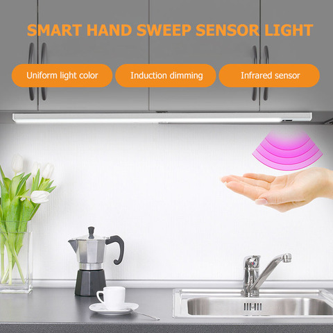 Sensor de barrido manual, luces LED con USB para debajo del armario, 20/30/40/50cm, activación por ondas, para cocina, dormitorio, luz de noche de armario ► Foto 1/6