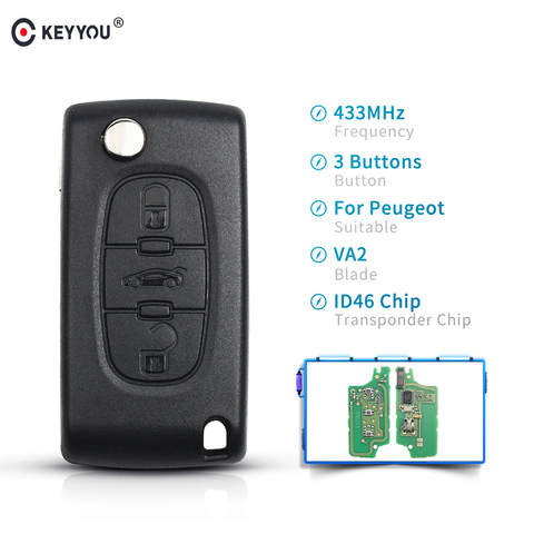 KEYYOU 3 botones remoto completo coche plegable clave para Peugeot 307, 407, 308, 607, 433 MHz electrónicos ID46 Chip VA2 hoja CE0536 ► Foto 1/6