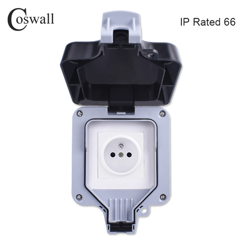 Coswall-Toma de corriente de pared impermeable IP66 para exteriores, 16A de pared de toma de corriente, salida eléctrica estándar de pulido francés con conexión a tierra AC 110 ~ 250V ► Foto 1/5