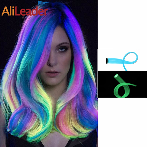 Alileader-extensión de cabello con 1 Clip, 20 pulgadas, pelo brillante en la oscuridad, pelo sintético brillante, amarillo, blanco, azul y rosa ► Foto 1/6