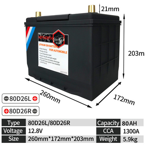LiFePO4-arrancador de batería de litio para coche, batería recargable de hierro con protección de voltaje BMS, 80D26L/R, 12V, 80AH, CCA1300A ► Foto 1/6